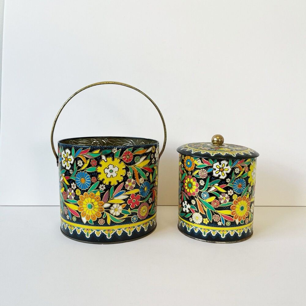 Vintage Daher Tin Bucket And Canister Set Made in England Floral Embossed Boho